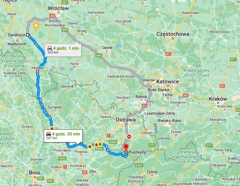 Mapa dojazdu do przełęczy Pustevny