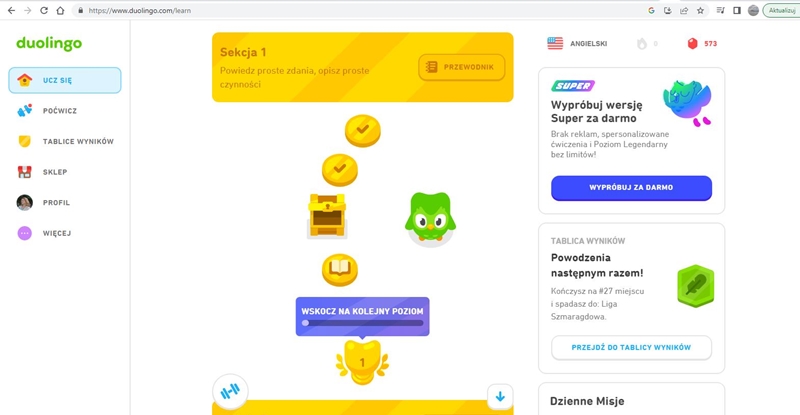 Ekran startowy aplikacji Duolingo