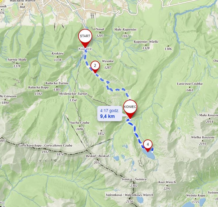 Mapa szlaku na Halę Gąsienicową.